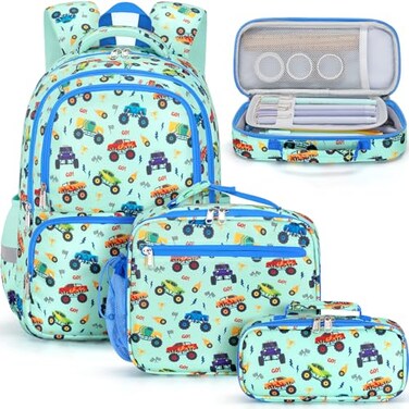 Fimibuke Kids Backpack Set for School Boys 3in1 Waterproof Toddler School Bag Bookbag Set with Lunch Box Pencil Case Monster Truck Pattern Ages 312