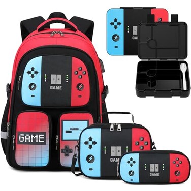 Jafeton School Backpack for Boys 4 PCS Gamer Boy Backpack Set with Bento Box Lunch Box Pencil Pouch Waterproof Schoolbag for Boys Kids Teens Elementary Middle School Kid Bookbag Casual Daypack