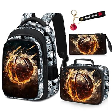 Fitvc School Backpack for Boys 4pcs Basketball Boys Backpack with Lunch Box Set for Kids Children Teens Elementary Middle School 17 Sport Bookbag Travel Back Pack for Age 618