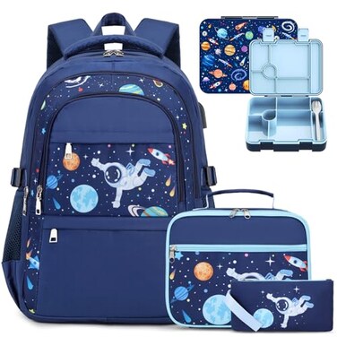 ACESAK Boys Backpack Astronaut Bento Box with Insulated Lunch Bag Pencil Case Utensils Set for Kids 6 Leakproof Compartments Removable Tray Lunches or Snack Container