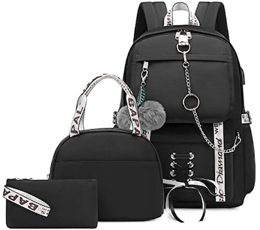 Hey Yoo School Backpack for Girls Backpack with Lunch Box Bookbag Aesthetic Cute Backpack Set School Backpacks for Teens Girls Black