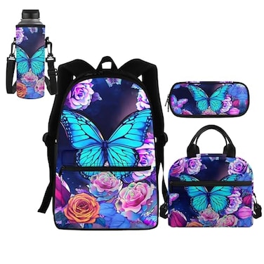 HELLHERO Butterfly Backpack for Girls 68 1416 Kids School Bag Set with Lunchbox Pencil Case Water Bottle Sleeve Elementary Schoolbag Primary Middle School Bookbag Rose Back Pack