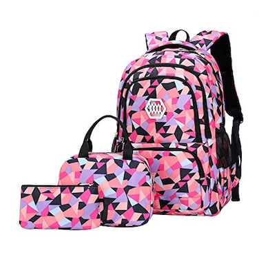 JiaYou Girl Geometric Printed Primary Junior High University School Bag Bookbag 3pcs Backpack Sets2 Black3pcs35 L