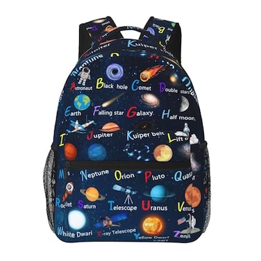 KNAPAL English Alphabet Space School Backpack Lightweight Waterproof 16 Inch Strap Adjustable ABC Planet Star Spaceship Astronaut Rocket Backpack for Boys Girls Kids