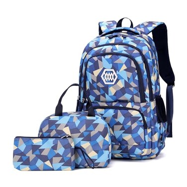 Bansusu 3Pcs Geometric Print Boys Backpack and Lunchbox Set for School Kids Capacity School Backpack for Boys Elementary Middle School