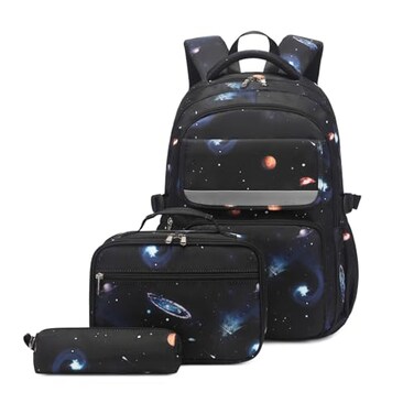 Mildame Galaxy Backpack for Boys with Lunch Box Set 3Pcs Boys Bookbag for Elementary 3 in 1 Teens Space Printed School Bag
