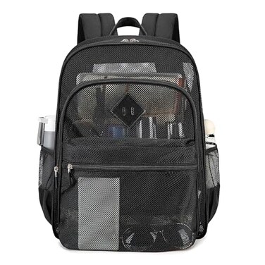 MOONBABY Mesh Backpack Heavy Duty See Through School Backpack Transparent Bookbag for Swimming Beach Sports Work Travel Black