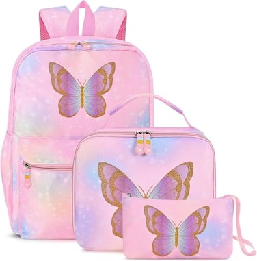 Cokouchyi 3 Pcs Kids Backpack Set with Lunch Box Pencil Case Lightweight Preschool Backpack for Girls Age 38 Kids Book bag Elementary Butterfly