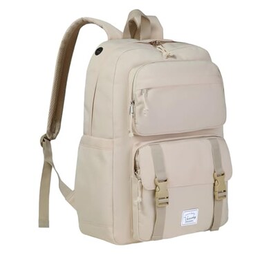 VASCHY Travel Backpack for Teens Girls Large Schoolbag Book Bag Rucksack for Women High SchoolCollegeWorkDaypackCommuter Beige