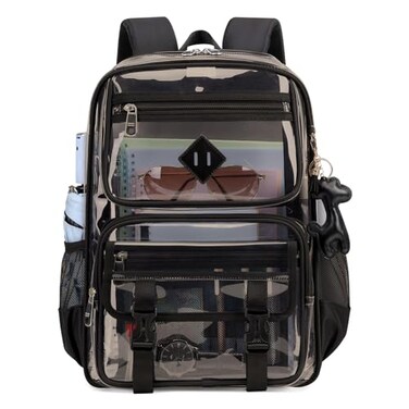 Sisipoet Clear Backpack for School PVC Clear Bookbag Heavy Duty Transparent Backpack for Stadium Events Multiple Pockets See Through Bag for Teens Students Women Men with Leather Pendant Semi Black