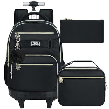 HPJGD 3PCS Rolling Backpack for Girls and Boys Black School Backpacks with Wheels Water Resistant Roller Wheeled Bookbag Set for Women Men