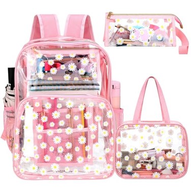 Kacctyen 3 Pcs Clear Backpack for Boys Girls Kids School Heavy Duty Clear Stadium Bag Transparent Backpack with Lunch BagPinkDaisy