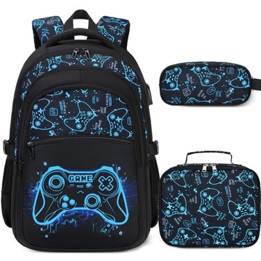 DIGOBAY Boys Backpack for School 3PCS Cool Luminous Gamer Backpack for Boys with Lunch Box Pencil Case Kids Backpacks Bookbag for Teen Boy Elementary Middle High School with USB Charging Port