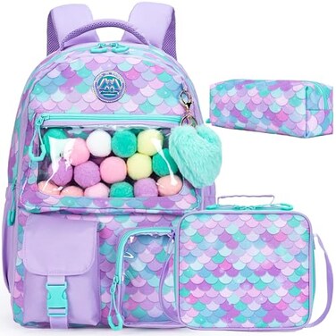 ZBAOGTW Cute Mermaid Backpacks for Girls Aesthetic Backpack for Elementary with Lunch Box School Backpack for Girls School Supplies