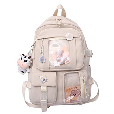 Eagerrich Cute Backpack with Cute Pin Accessories Plush Pendant for School Bag Student Girl Backpack SuperCapacity Waterproof Travel BackpackBeige