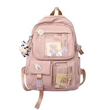 Eagerrich Cute Backpack with Cute Pin Accessories Plush Pendant for School Bag Student Girl Backpack SuperCapacity Waterproof Travel BackpackPink2