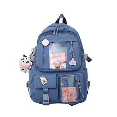 Eagerrich Cute Backpack with Cute Pin Accessories Plush Pendant for School Bag Student Girl Backpack SuperCapacity Waterproof Travel BackpackBlue2