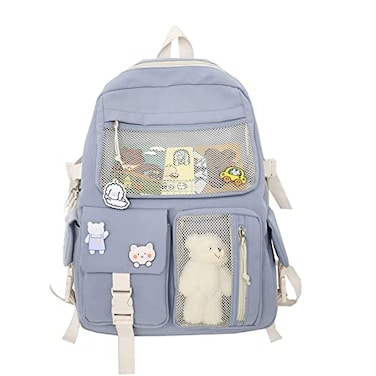 Eagerrich Cute Backpack with Cute Pin Accessories Plush Pendant for School Bag Student Girl Backpack SuperCapacity Waterproof Travel BackpackBlue