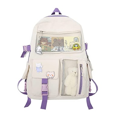 Eagerrich Cute Backpack with Cute Pin Accessories Plush Pendant for School Bag Student Girl Backpack SuperCapacity Waterproof Travel BackpackWhite