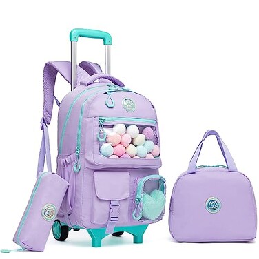 ZBAOGTW Rolling Backpack for Girls Kids Backpack with Wheels Backpacks for Elementary with Lunch Box Pencil Case Trolley Luggage