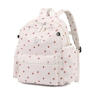 Tanweibago Corduroy Kids Backpack for Boys Girls Backpacks for Primary Elementary Kindergarten 610 Strawberry Beige Medium 15 H Fit A4 Folder