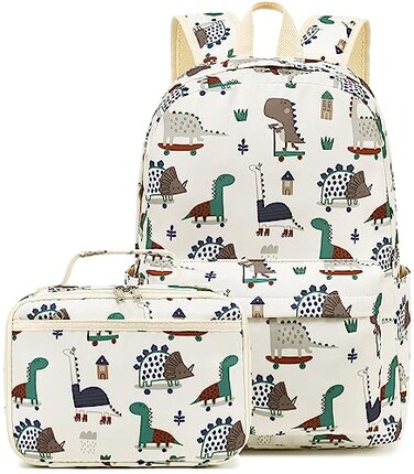 LEDAOU Kids School Backpack with Lunch Box for Boy Kindergarten BookBag School Bag Preschool Kindergarten Toddler Backpack Dinosaur Beige