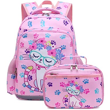 Octsky Backpack for Girls Kids School Backpacks with Lunch Box Preschool Kindergarten BookBag Set With Chest Strap Cat Pink