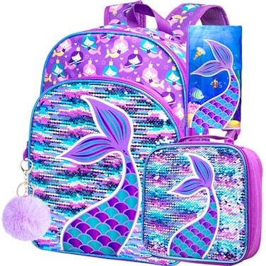 gxtvo 3PCS Mermaid Backpack for Girls 16 Sequin Preschool Elementary Bookbag and Lunch Box