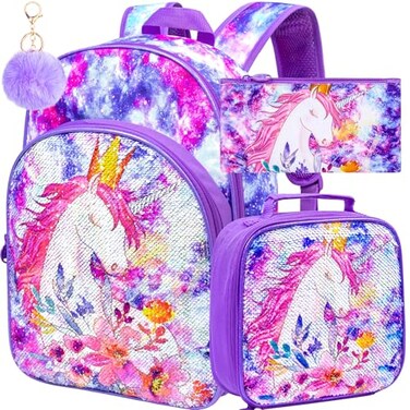 CCJPX 3PCS Girls Backpack 16 Kids Unicorn Sequin Bookbag and Lunch Box for Kindergarten Elementary