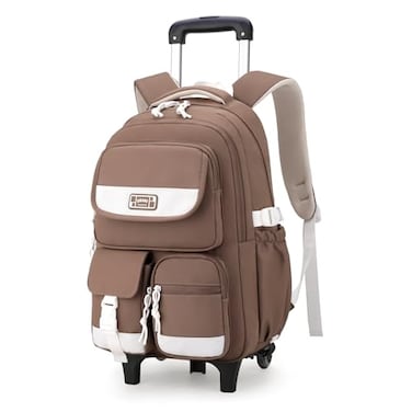 LANSHIYA Solid Color Rolling Backpack for Girls Boys Cute Elementary school bag with wheelsBrown Trolley Bags for Travel