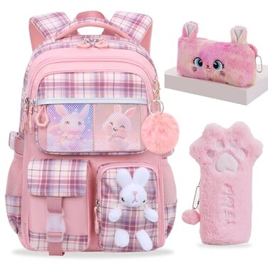 KBGPW Cute Girls BackpackRabbit Kids School Backpack with Pencil Case Elementary School Bag for Girls 510 Year Old Pink165inch