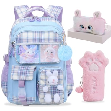 KBGPW Cute Girls BackpackRabbit Kids School Backpack with Pencil Case Elementary School Bag for Girls 510 Year Old Blue165inch