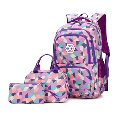 Bansusu 3Pcs Geometric Print Kids Backpack Set for Girls with Lunchbag Purple Girls Backpack Elementary Middle School Bag Bookbag