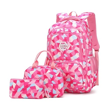 Bansusu 3Pcs Geometric Print Kids Backpack Set for Girls with Lunchbox Capacity Elementary Middle School Bag Girls Backpack and Lunchbox Set