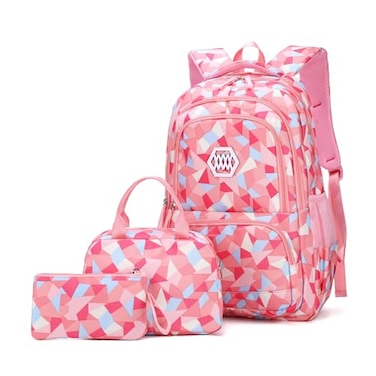 Bansusu 3Pcs Geometric Print Kids Backpack Set for Girls with Lunchbox Capacity Elementary Middle School Bag Girls Backpack and Lunchbox Set