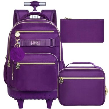 HPJGD 3PCS Girls Rolling Backpack Womens Dark Purple School Backpacks with Wheels Water Resistant Roller Kids Wheeled Bookbag Set