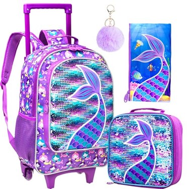 gxtvo Rolling Backpack for Girls Roller Wheels Kids Bookbag Wheeled Suitcase Elementary Sequin School Bag 3PCS Mermaid