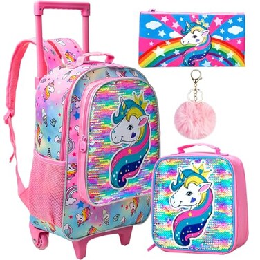 AGSDON 3PCS Rolling Backpack for Girls Kids Roller Wheels Bookbag Wheeled School Bag with Lunch Bag Unicorn