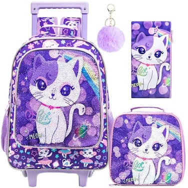 KLFVB Kids Rolling Backpack for Girls Roller Wheels School Bag with Lunch Bag Wheeled Sequins School Bookbag for Children Cat