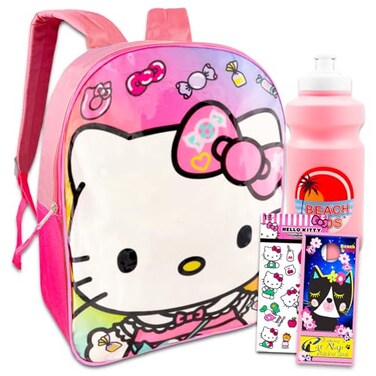 Fast Forward Hello Kitty Backpack Set Bundle with 15 Pink School Bag Stickers Water Bottle and More Hello Kitty Travel School Supplies for Kids