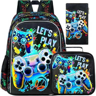 UFNDC 3PCS Boys Game Backpack Kids Bookbag with Lunch Box Water Resistant School Bag for Elementary Preschool Toddler