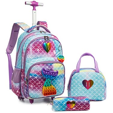 Egchescebo Mermaid BackpackRolling Laptop Backpack for Girls 17 x 8 x 12 Blue220224l High School Soft Shell 3PCS Set with Lunch Box Pencil Bag