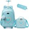 Egchescebo Kids Love Heart Rolling Backpack for Girls Suitcases Trolley Backpacks with Wheels Roller Luggage on Wheels with Lunch Box Pencil Case for Elementary Travel School Bag Blue