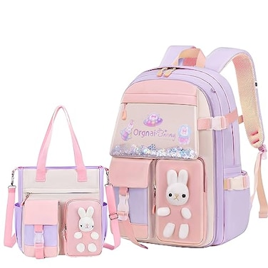 LANSHIYA Bunny Backpack for Girls Cute Kids Bookbag for Elementary School Kawaii Preschool Outdoor Daypack 2Pcs Purple