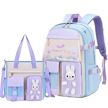 LANSHIYA Bunny Backpack for Girls Cute Kids Bookbag for Elementary School Kawaii Preschool Outdoor Daypack 2Pcs Blue
