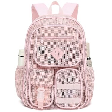 Cuayxox Light Pink Mesh Backpack for Girls Boys Heavy Duty School Bookbag Womens SemiTransparent Net Back Pack for Work Travel Beach