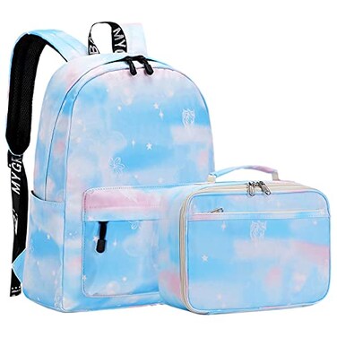 Lohol Galaxy School Backpack with Lunch Box Lightweight Water Resistant BookBag Set for Kids Girls Teens Lightblue