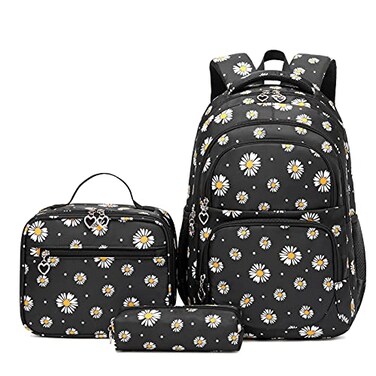 goldwheat Daisy Printed Backpacks With Lunch Pack Pencil Case 3pcs Lightweight Water Resistant Bookbag For Middle School
