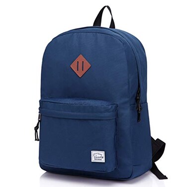 VASCHY Lightweight Backpack for School Classic Basic Water Resistant Casual Daypack for Travel with Bottle Side Pockets Navy