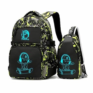 Pawsky Kids Backpack for School Boys Backpacks with USB Charging Port College Elementary School Bookbag Lightweight Laptop Bag with Sling Bag Green